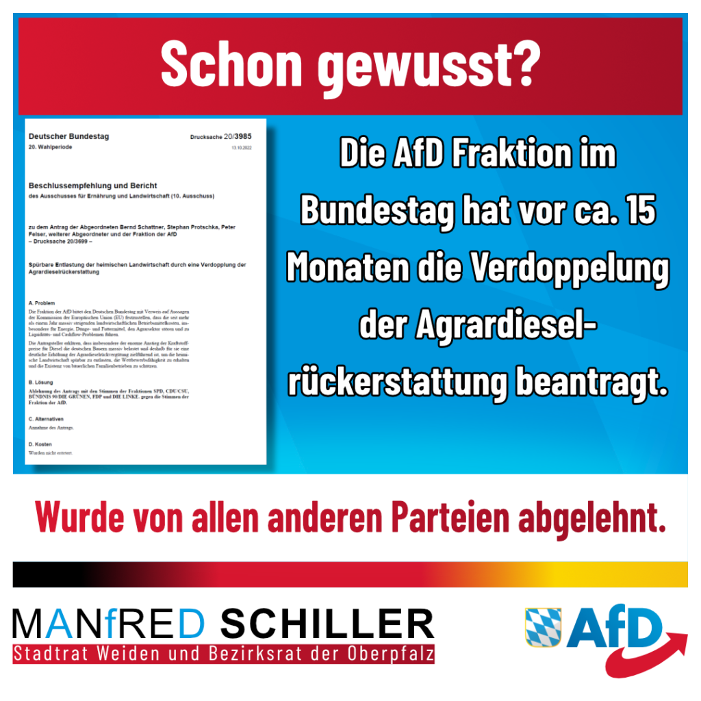Manfred Schiller AfD - Agrardieselrückerstattung